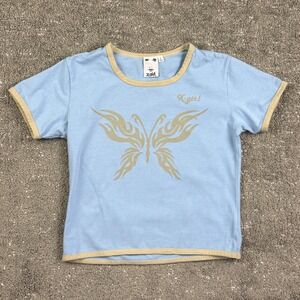 X-girl Japan Butterfly Ringer T Shirt Blue Cream Y2K Streetwear Women's L